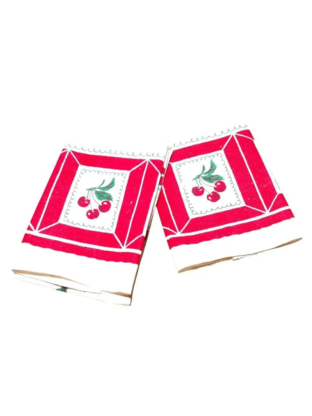 Vintage Startex Red & White Cherry Print Linen Tea Towel 18x28 Granny Country